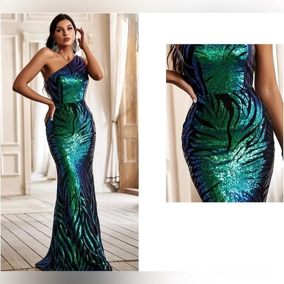 NWOT Elegant Sequin One-Shoulder Dress - Green and Blue large - Picture 4 of 11